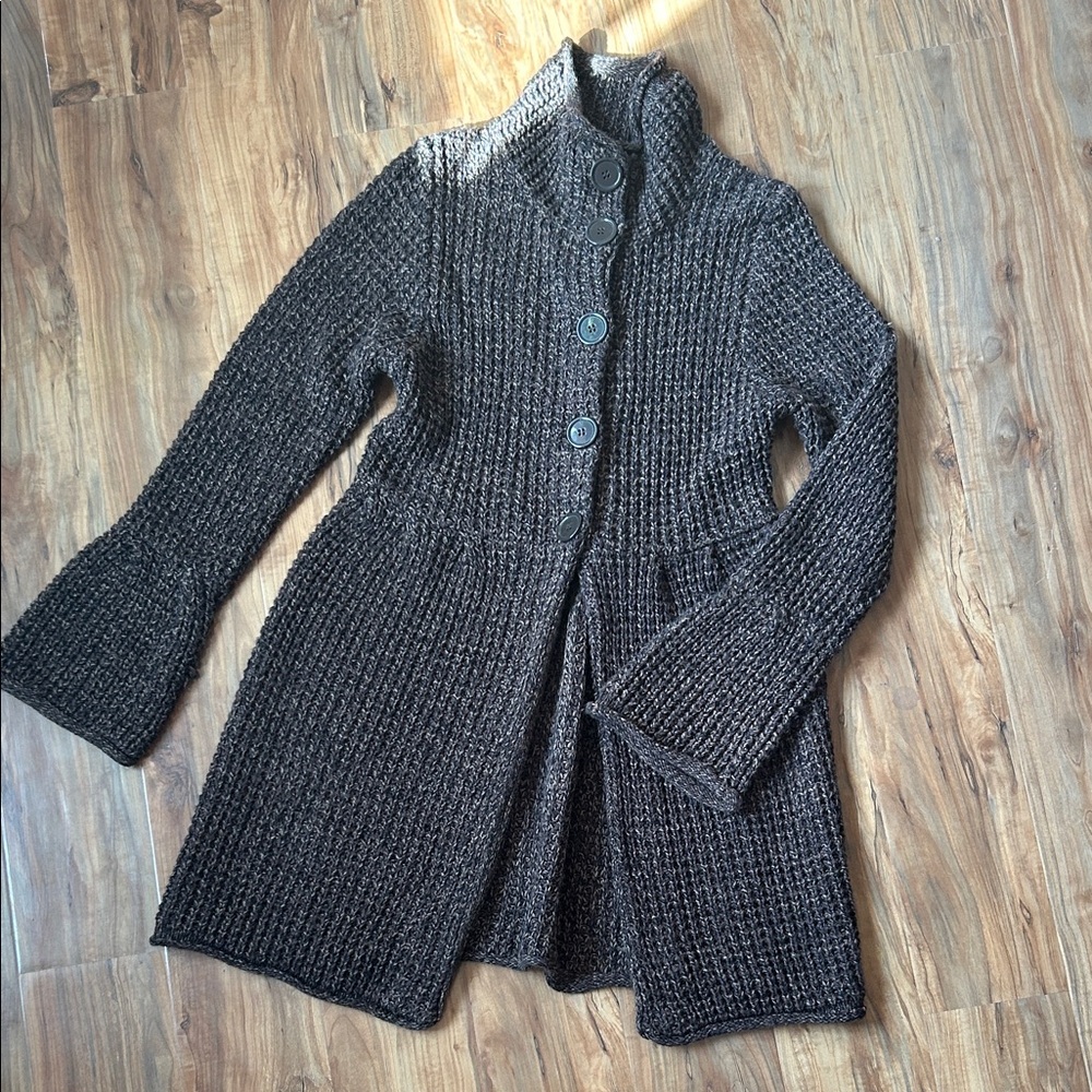 Chunky Knit Cardigan High Waist Button Down Mock Neck Bell Sleeve Sweater S